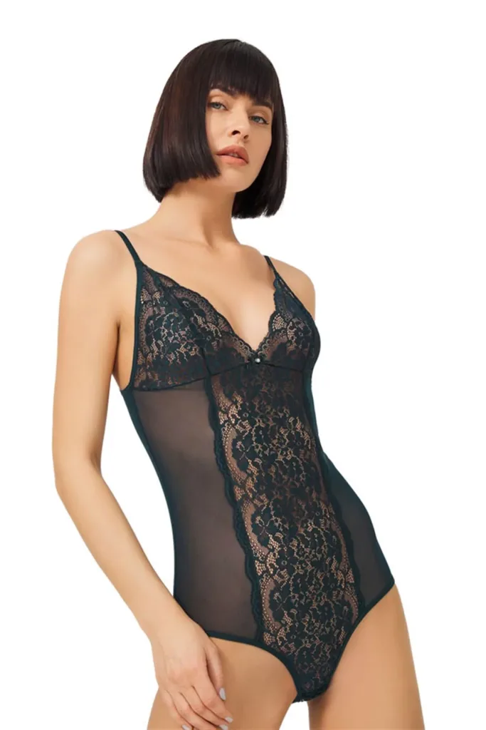 Body rembourré en dentelle transparente avec bouton-pression