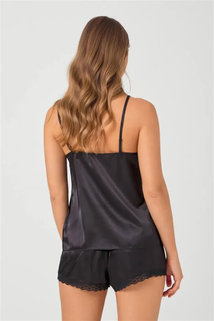 Pyjama Satin Dentelle Noir — Pour L lingerie de luxe