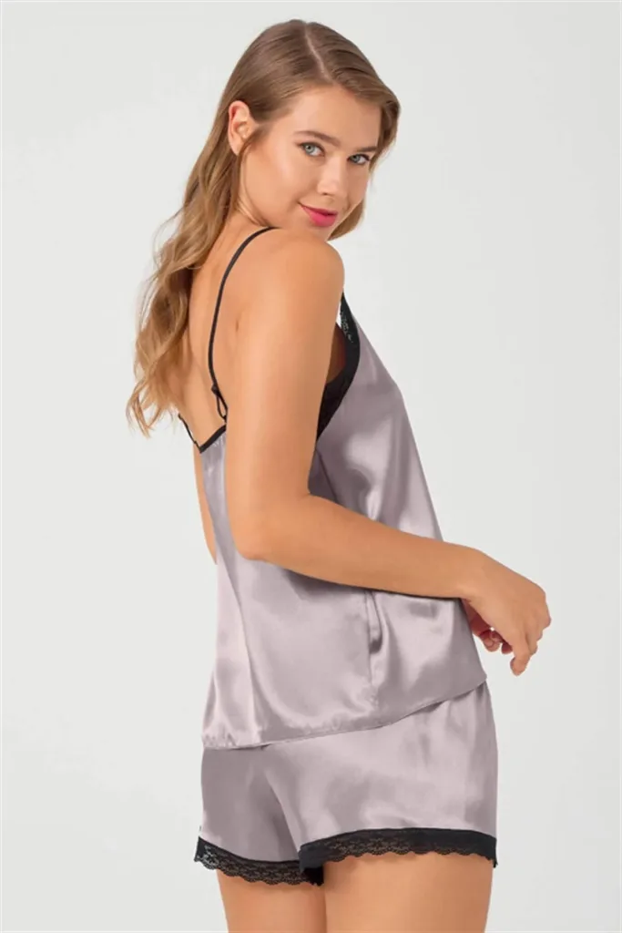 Pyjama Satin Dentelle Beige — Pour L lingerie de luxe